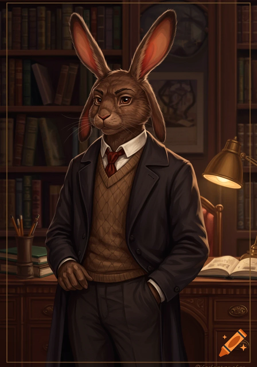 A realistic brown rabbit fursona in a suit and sweater vest stands in a library, looking serious. A lamp and an open book are on a desk beside him.