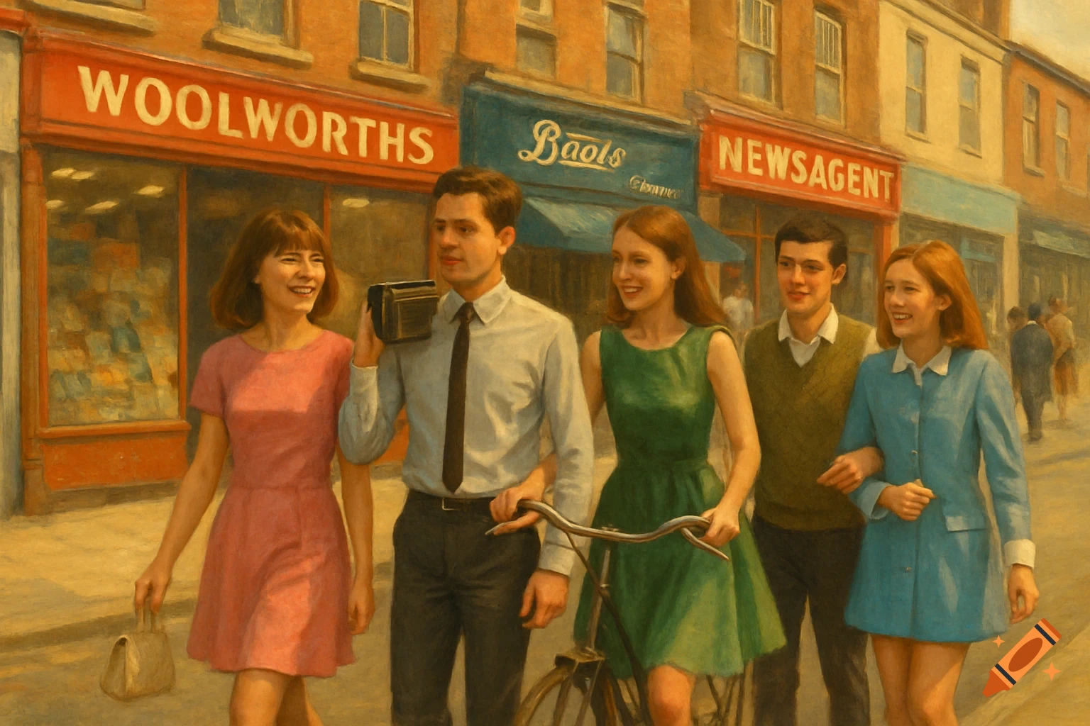 Five young friends in 1960s attire walk down a bustling street lined with shops like Woolworths and a Newsagent, in a painterly style.