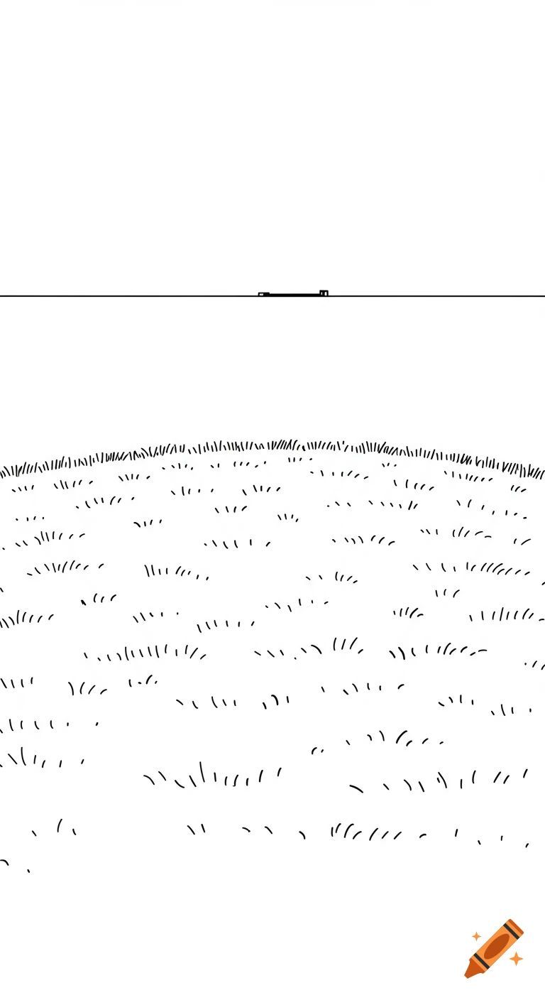 A minimalist black and white line drawing shows a grassy hill rising to a flat horizon line under a vast white sky.