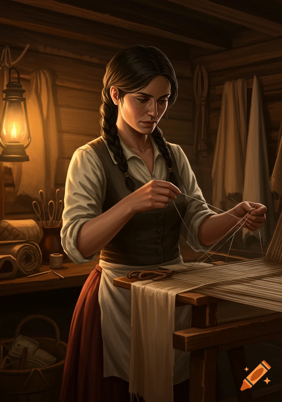 A woman with braided dark hair weaves at a loom in a dimly lit rustic room, with a lantern on the left.