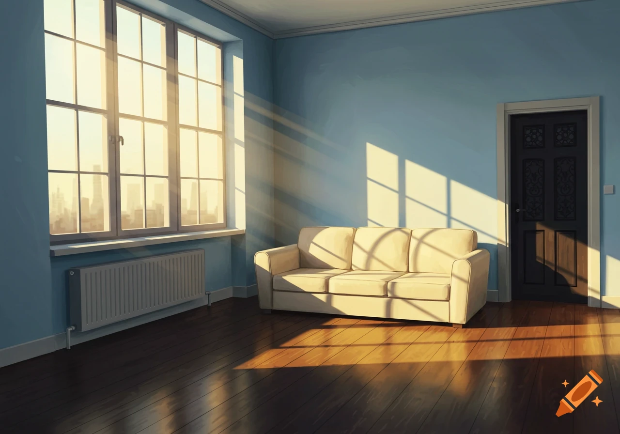 A sunny living room with a cream-colored sofa, large window overlooking a city skyline, and a dark wooden door. Sunlight streams onto the hardwood floor.