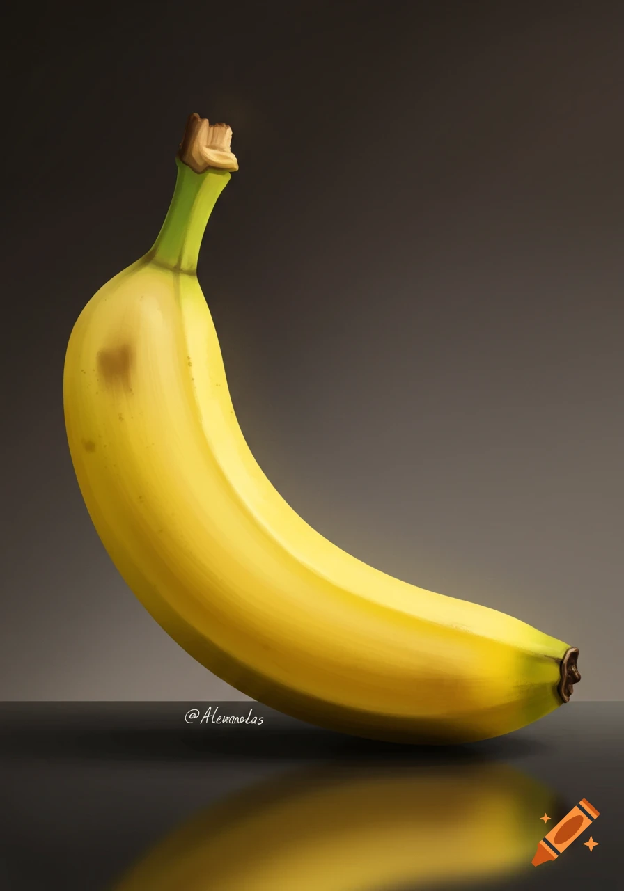 A detailed digital painting of a ripe yellow banana against a dark background, with its reflection visible on a surface below.
