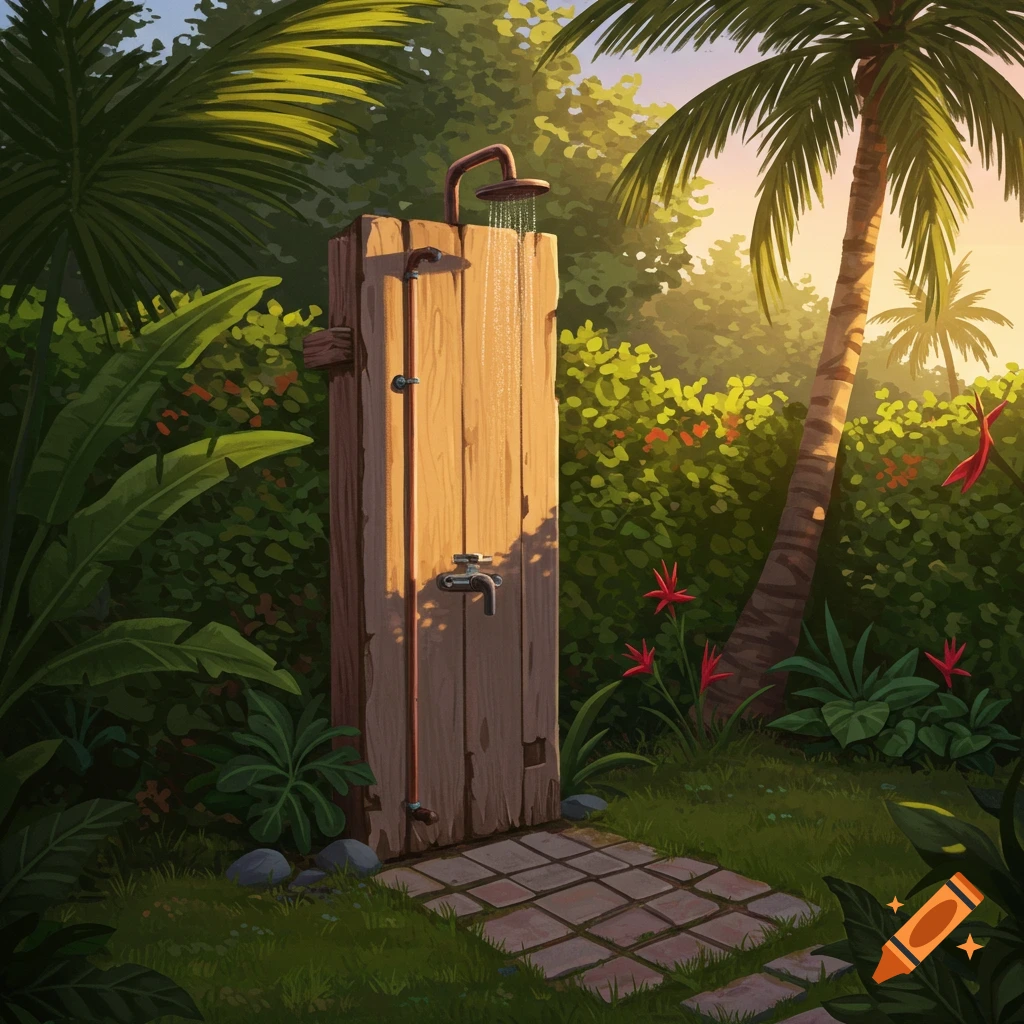 An outdoor wooden shower with water spraying, surrounded by lush tropical plants and palm trees under a sunny sky.