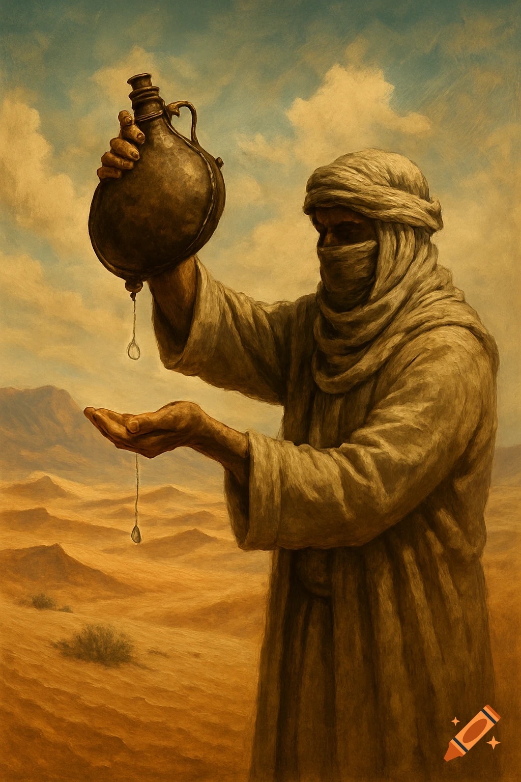 A cloaked figure in a desert pours the last drops of water from a flask into their cupped hands, in a painted style.