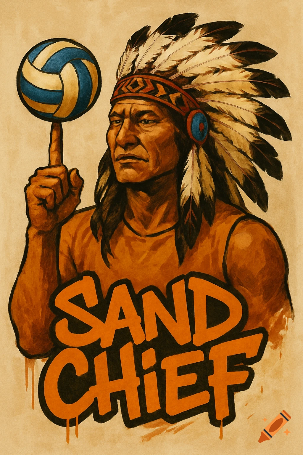 An illustration of a Native American chief wearing a feathered headdress, balancing a volleyball on his finger, with the text "SAND CHIEF" below.