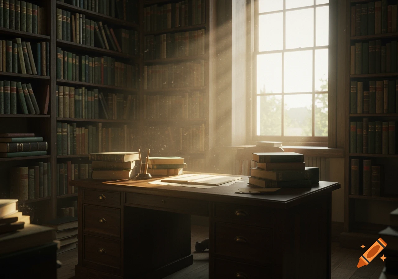 A sunlit old library office with a wooden desk, stacks of books, and full bookshelves lining the walls.