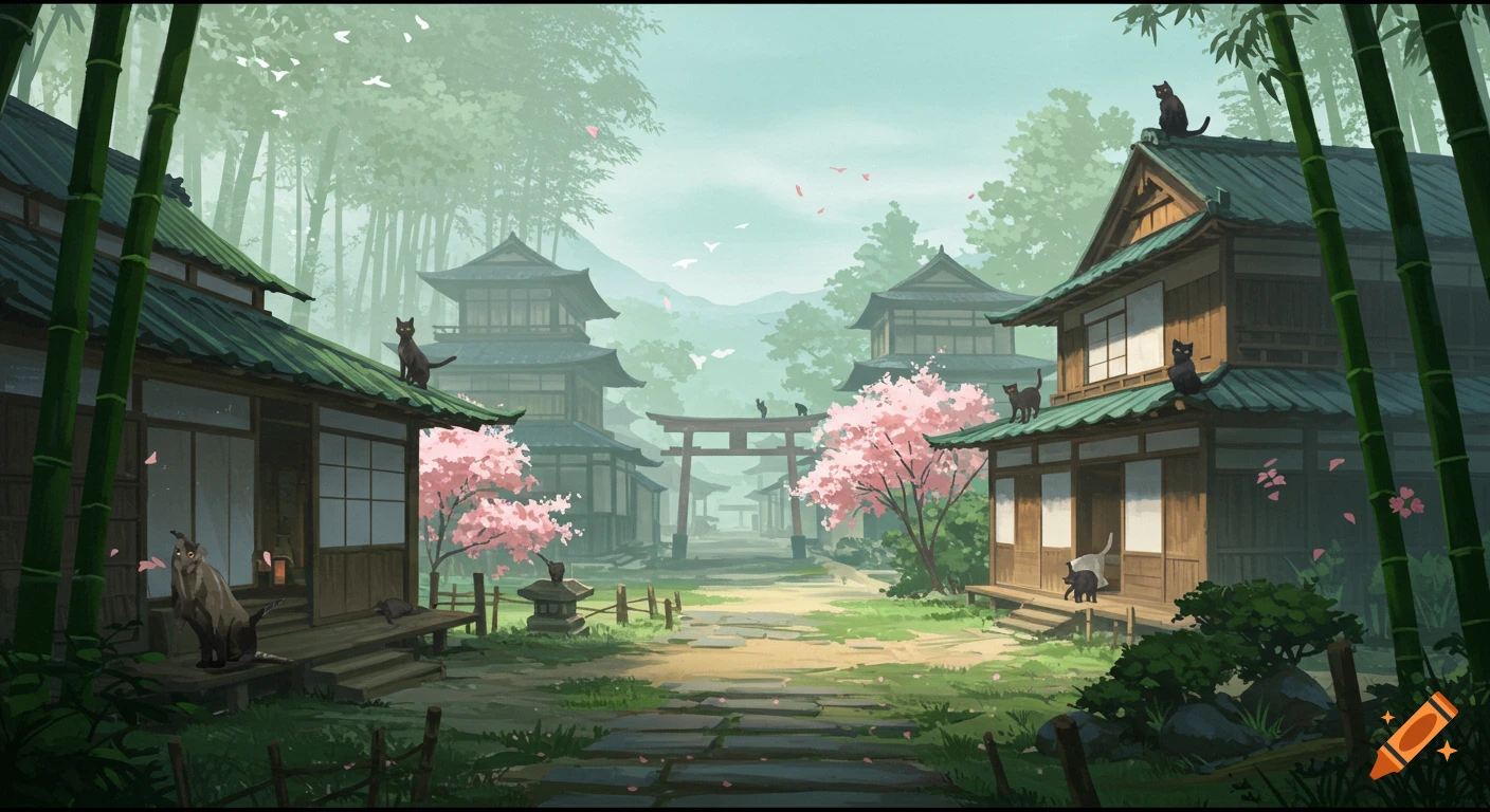 An illustrated traditional Japanese landscape featuring buildings with green roofs, bamboo trees, pink cherry blossom trees, and multiple black cats sitting on roofs and pathways.