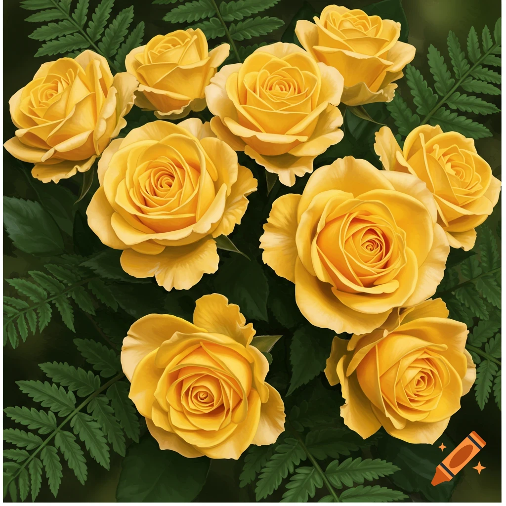 A vibrant bouquet of yellow roses nestled among dark green fern leaves.