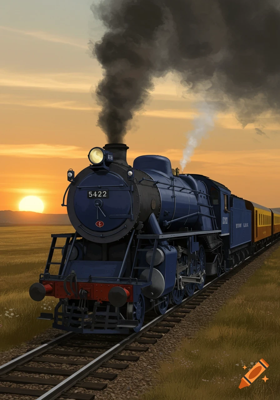 A navy blue steam locomotive with smoke, traveling on tracks through a grassy field at sunset.