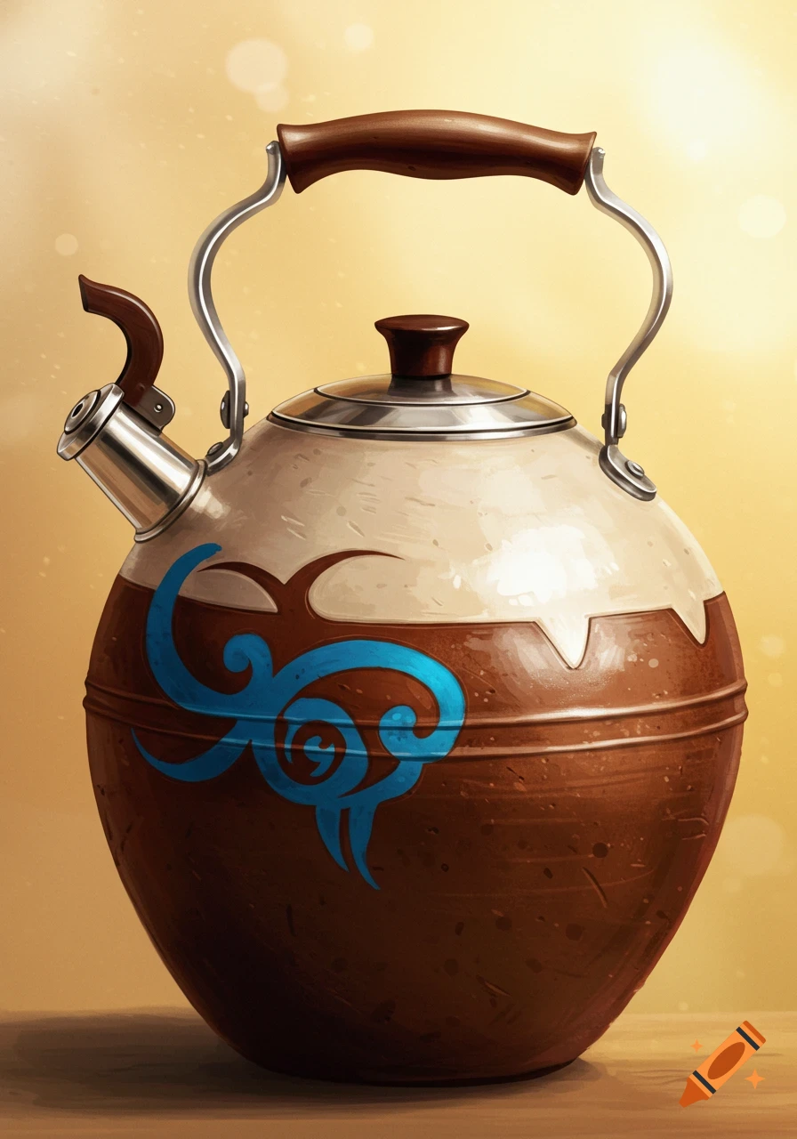 A rustic brown kettle with a white top and a blue tribal design, featuring a wooden handle, set against a warm golden background.