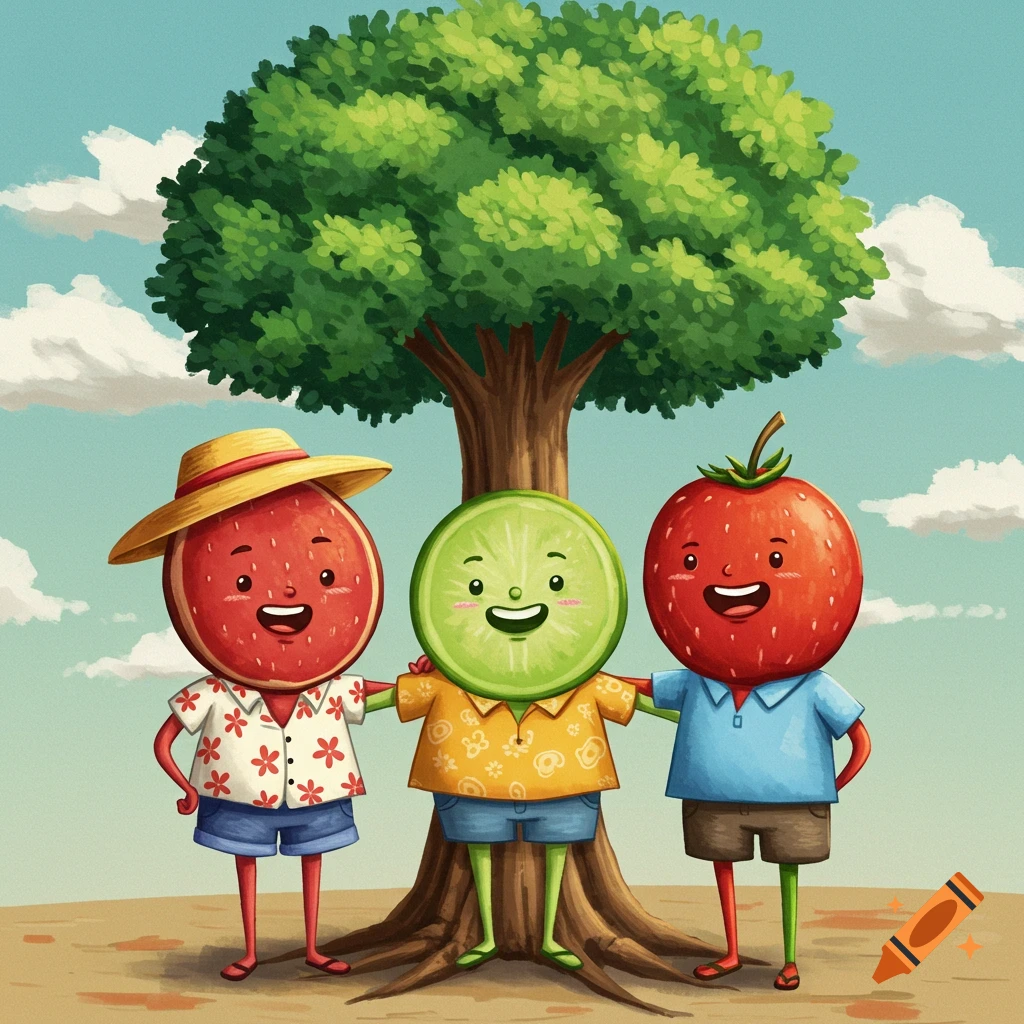 Three joyful, personified fruit characters, a watermelon, a lime, and a strawberry, wearing summer clothes and standing under a large green tree.