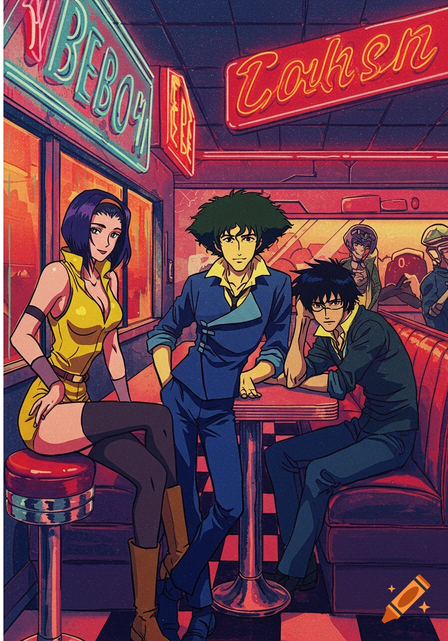 Anime characters Spike, Faye, and Jet from Cowboy Bebop in a retro diner, rendered in a vibrant pop art style.