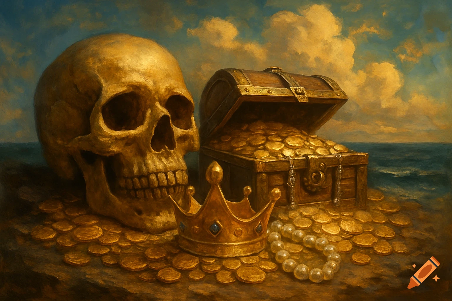 A golden skull, open treasure chest with gold coins, crown, and pearls on a sandy beach by the ocean under a cloudy sky in a painterly style.