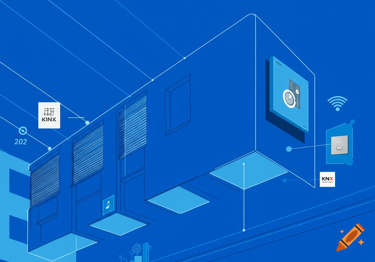 A blueprint-style diagram on a blue background showing smart home devices, network connections, and the KNX system logo.
