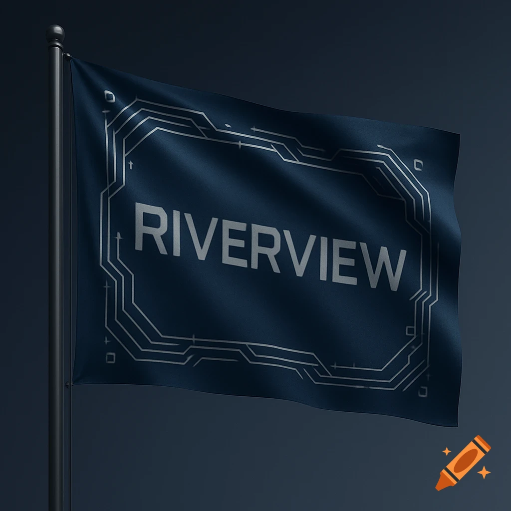 A dark blue flag with 'RIVERVIEW' in grey text, surrounded by a tech-inspired circuit design, waving on a pole.