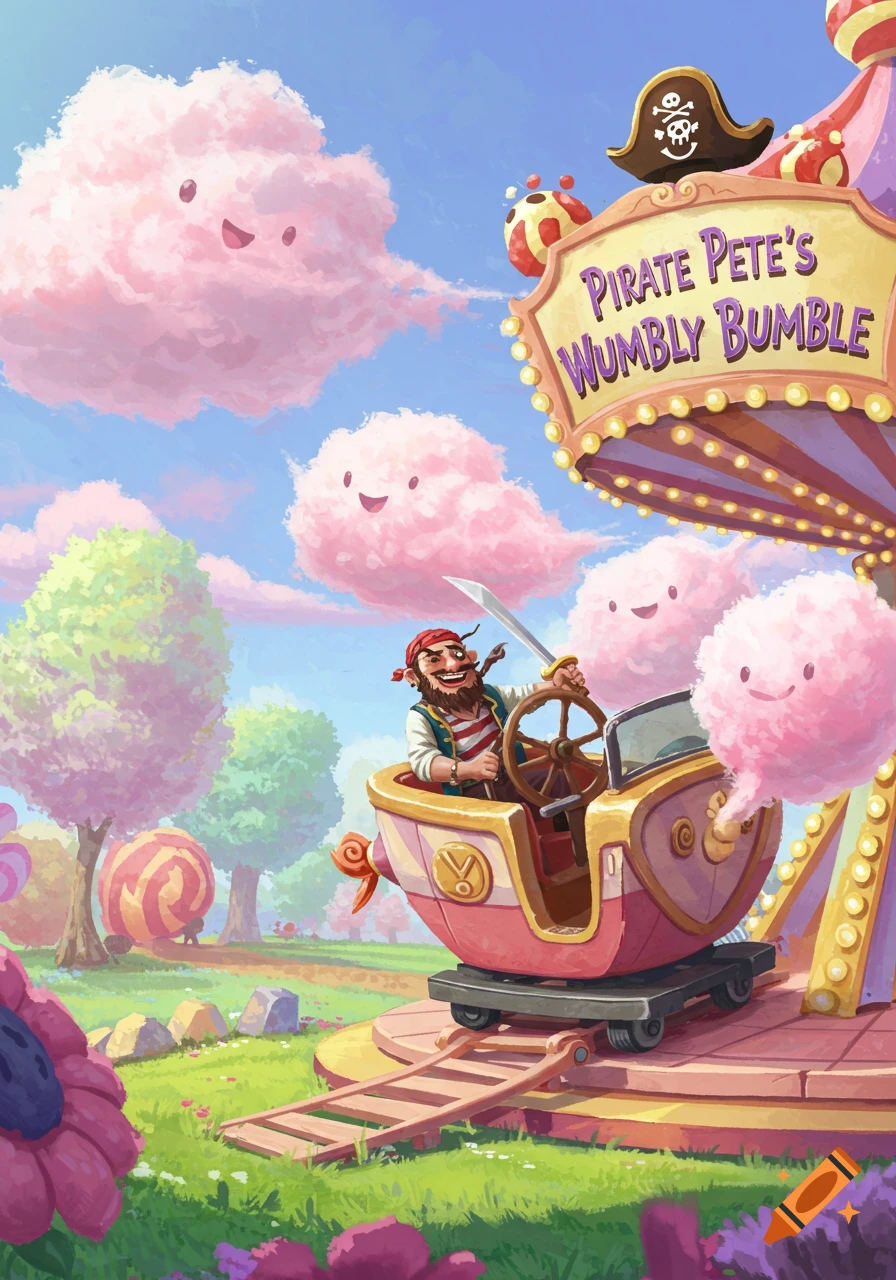 A whimsical cartoon shows Pirate Pete on his 'Wumbly Bumble' theme park ride with smiling pink cotton candy clouds in a colorful landscape.