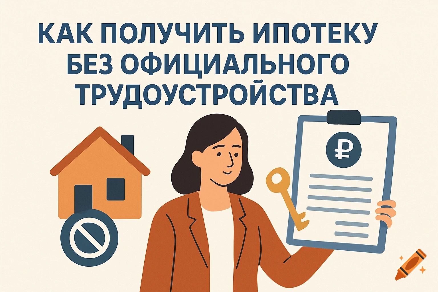 Minimalist illustration with Russian text 'How to get a mortgage without official employment' above a woman holding a document and key, and a house with a stop sign.