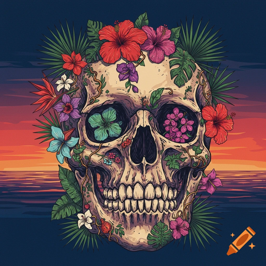 Vibrant illustration of a skull adorned with colorful tropical flowers and green leaves against a sunset.