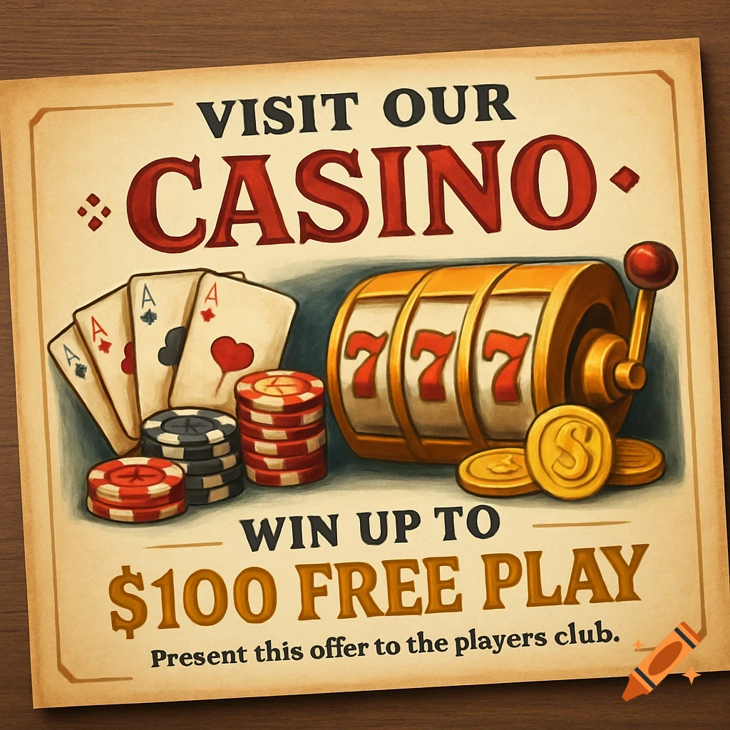 A vintage-style casino advertisement poster featuring a slot machine, playing cards, poker chips, and cash, with text 'Visit Our Casino, Win up to $100 Free Play'.