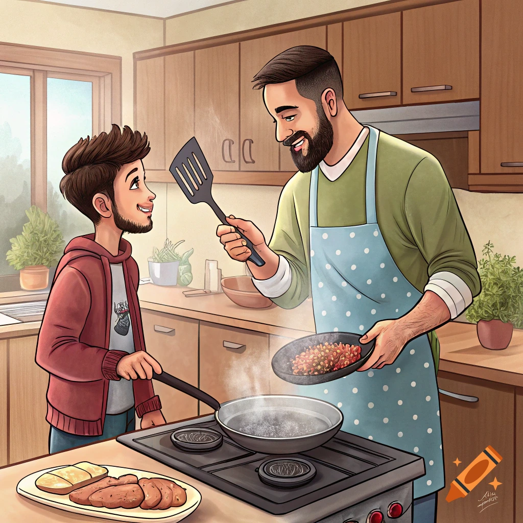 An illustration of a man and a younger man cooking together in a kitchen, smiling at each other. The man is pouring food into a pan.