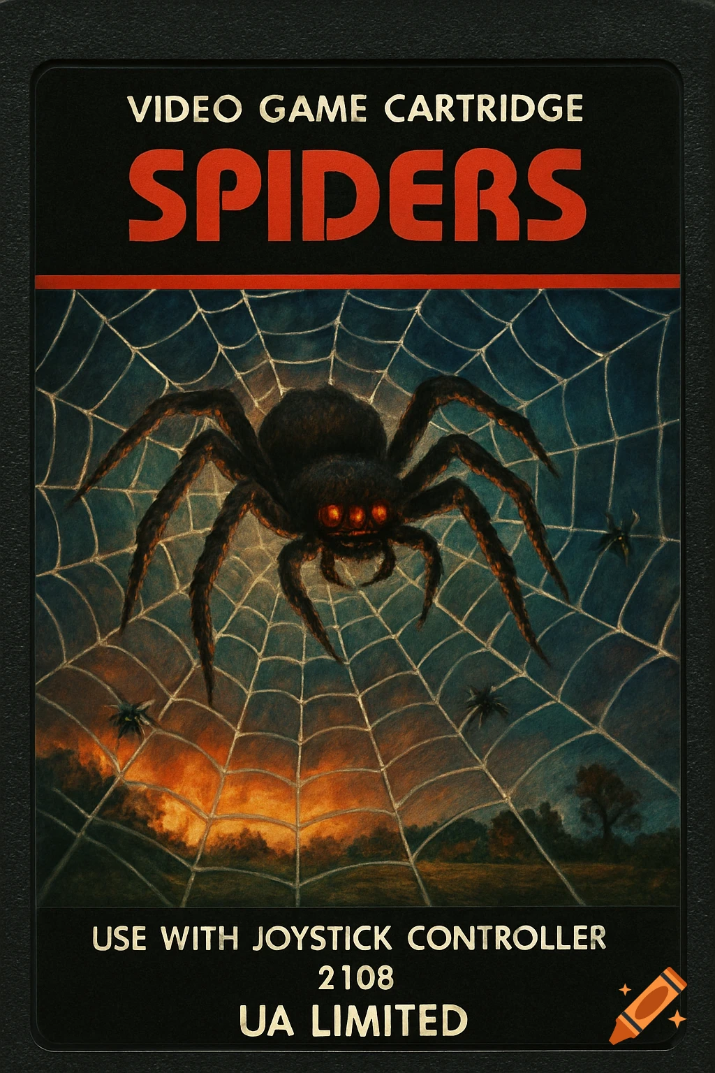 A retro-style Atari 2600 game cartridge label for "Spiders", featuring a large black spider on a web with glowing red eyes. The background is a landscape with an orange sky.