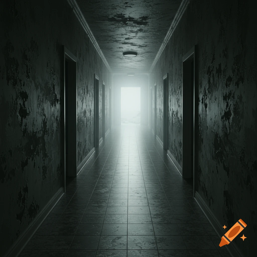 A long, dark hallway with textured walls and a bright, mysterious light at the far end.