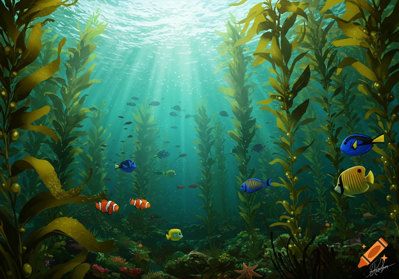 Vibrant underwater scene with colorful tropical fish swimming among tall, swaying kelp forests, illuminated by sun rays filtering from the surface.