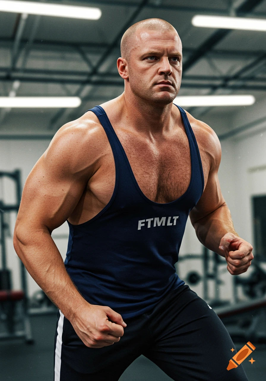 A muscular bald Caucasian man in a navy blue singlet and black pants stands ready to work out in a gym.