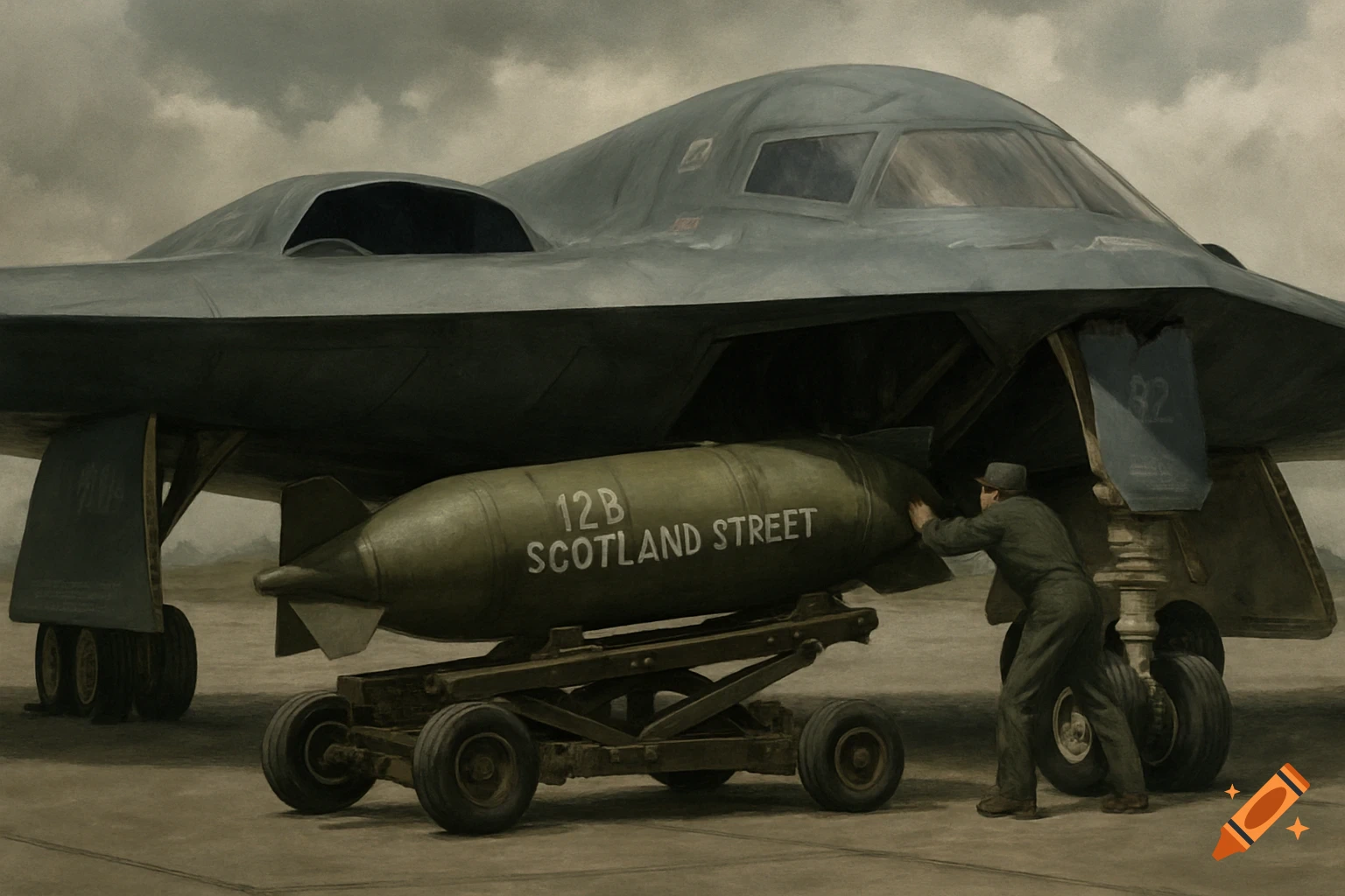A person loads a bomb labeled "12B SCOTLAND STREET" onto a B2 stealth bomber on a runway under a cloudy sky.