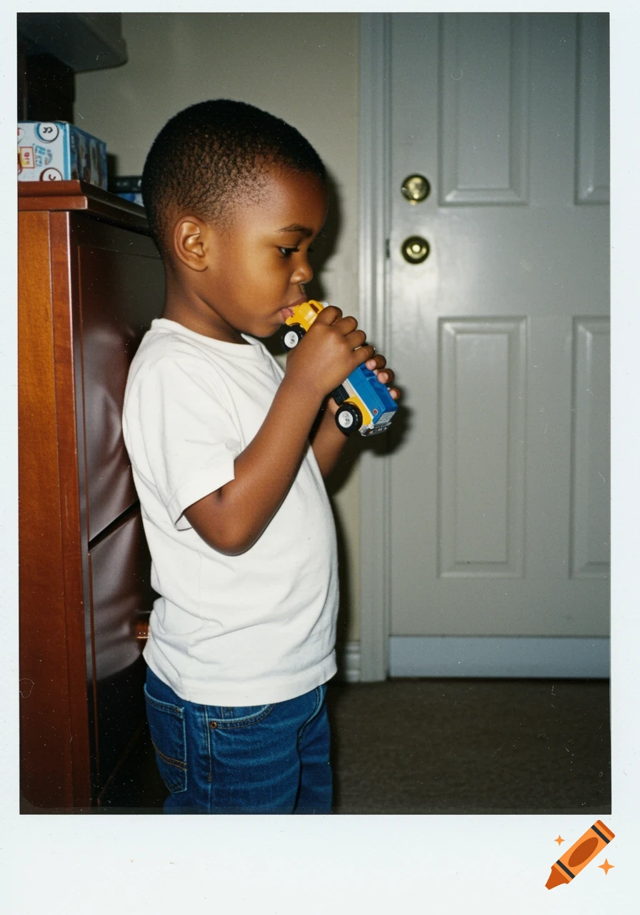 2000s Polaroid photo of a young Black boy with a buzz cut, wearing a white tee and jeans, leaning against a dresser while focused on a toy truck he holds.