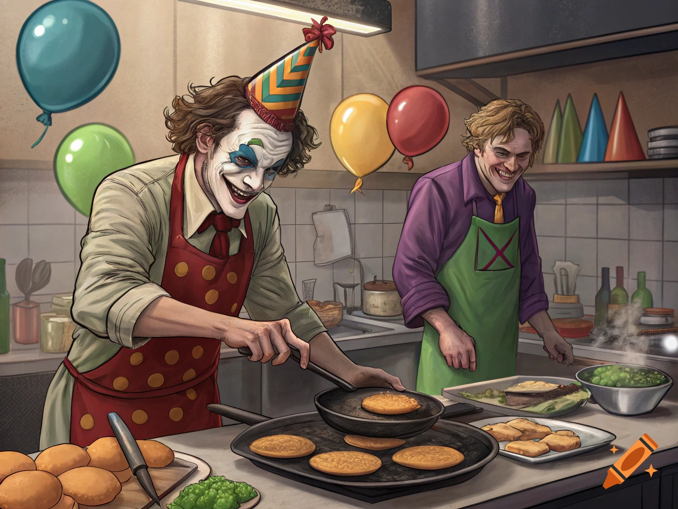 A Joker-like character in a party hat and red apron cooks pancakes in a kitchen, while a smiling man resembling Patrick Mahomes stands nearby.