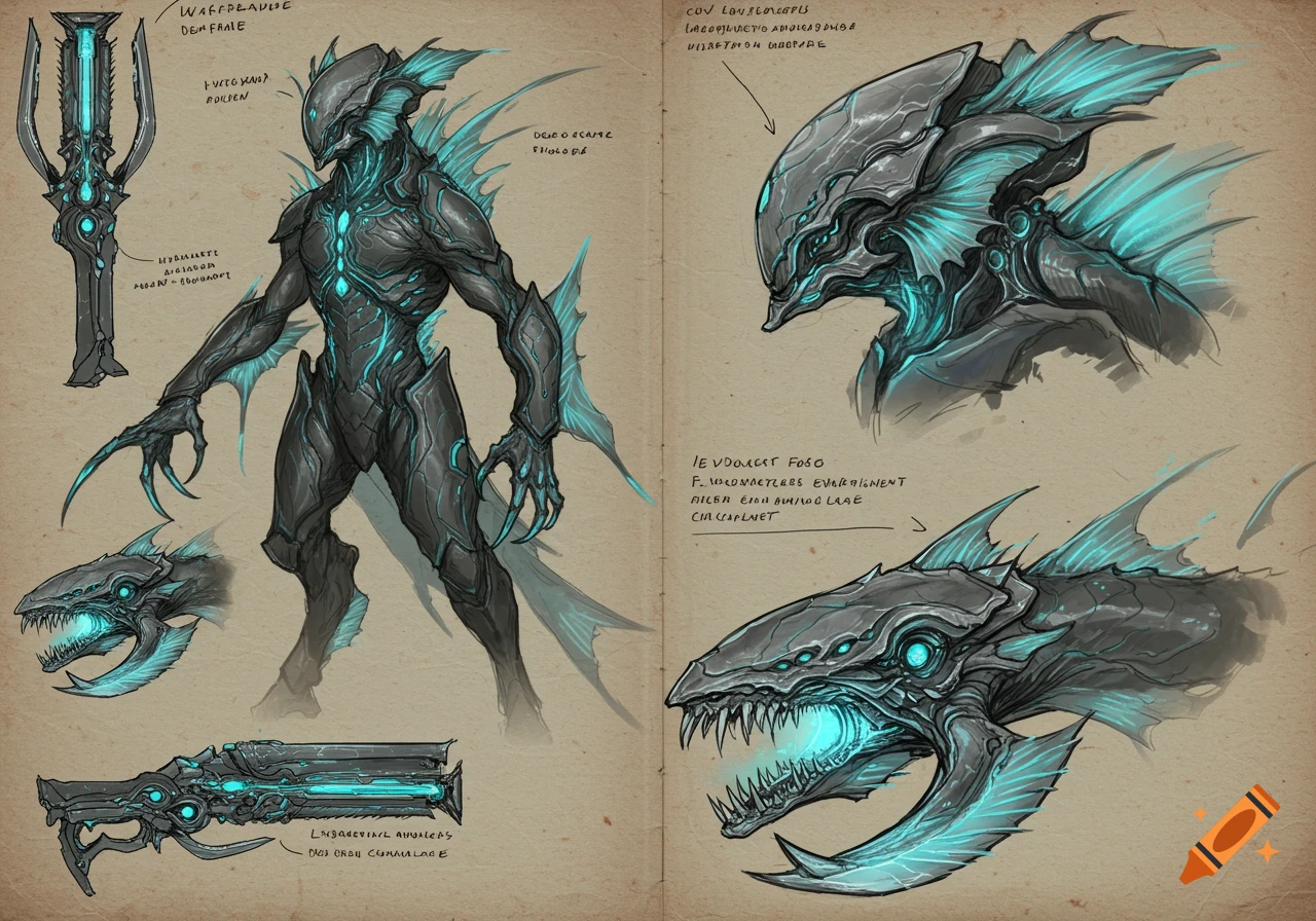 A detailed concept art sketch of a grey and teal alien creature, an energy weapon, and a creature's head on a vintage-style paper background with notes.