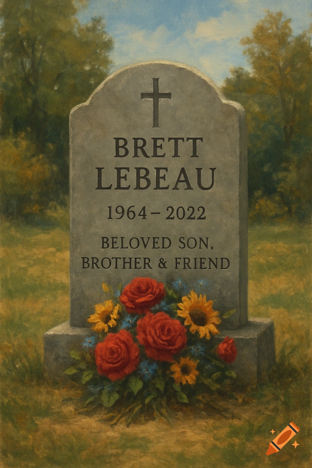 A painting of a gravestone for Brett Lebeau, with birth and death dates, and 'Beloved son, brother & friend', with flowers at its base.