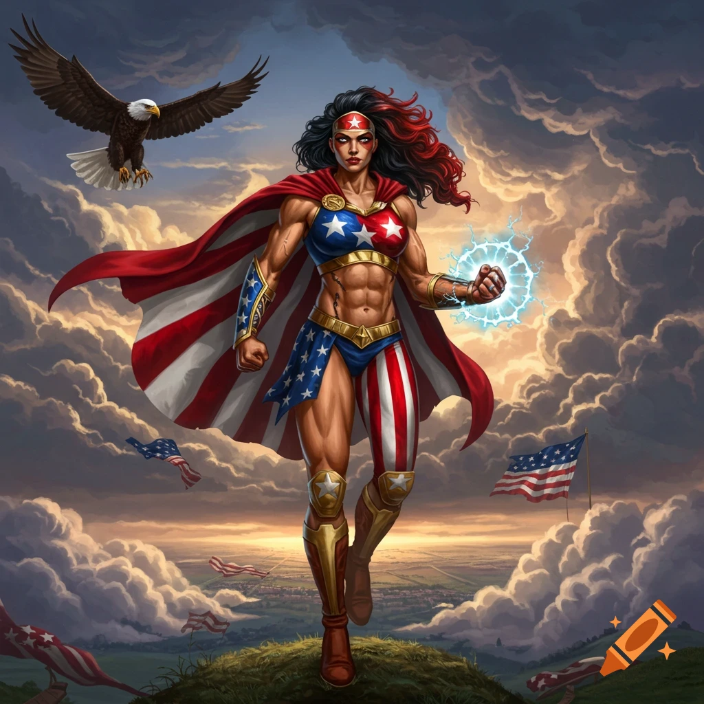A muscular female superhero in a patriotic US flag costume stands on a hill with an eagle, generating electricity, in a comic art style.