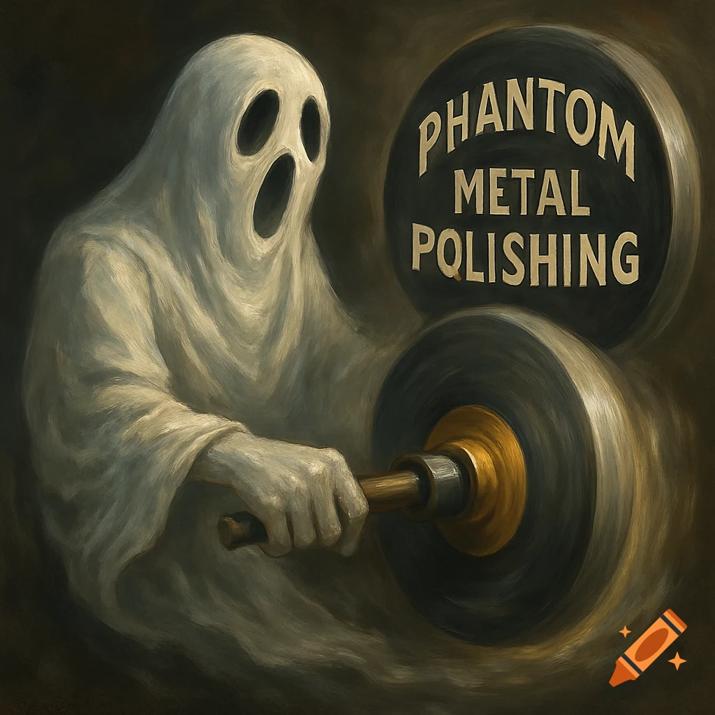 A painterly depiction of a white ghost polishing a metal disc, with a sign reading PHANTOM METAL POLISHING.