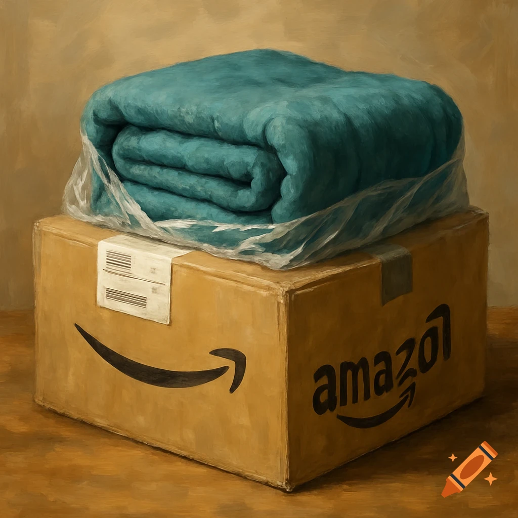 A painterly still life of a teal blanket in plastic packaging on an Amazon box.