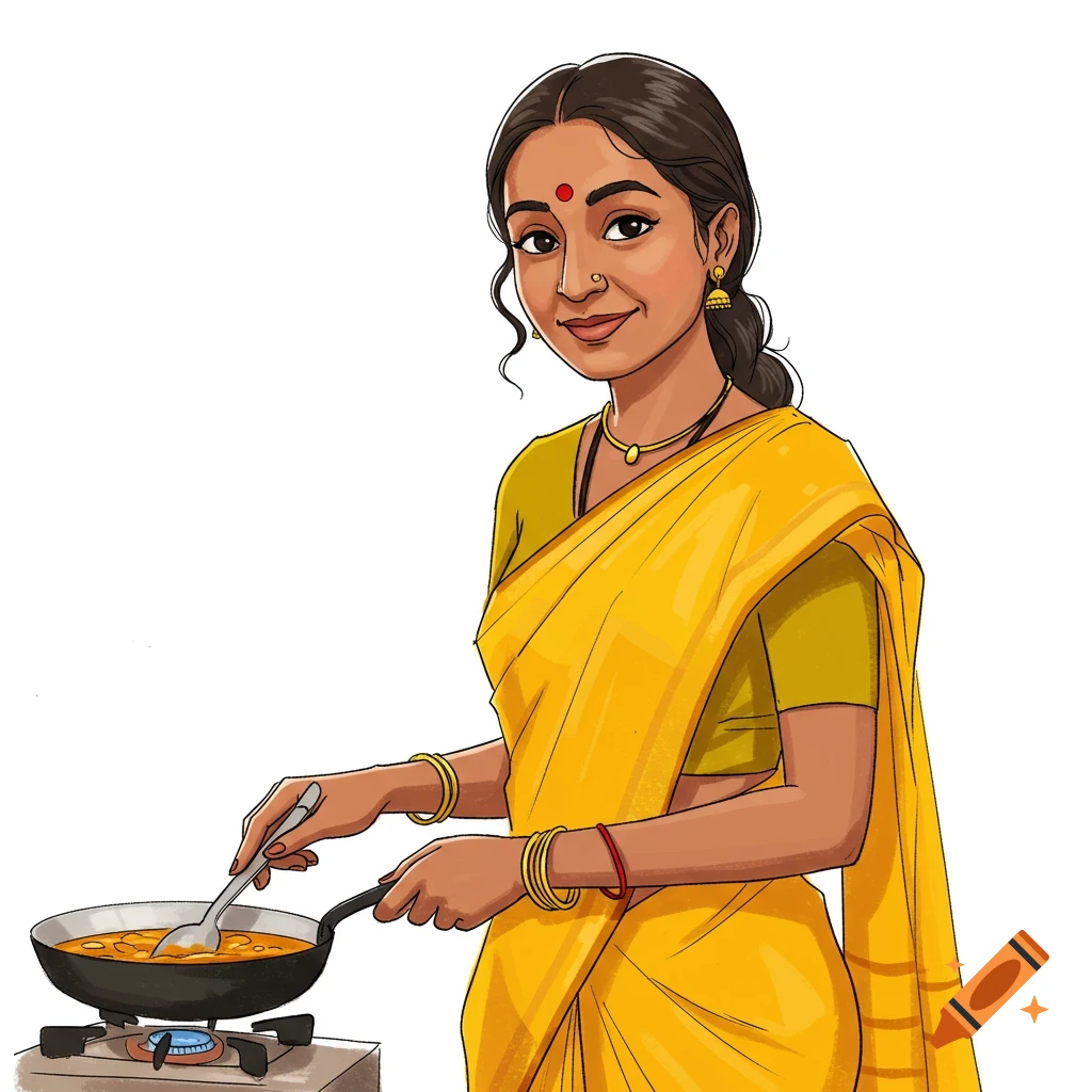 Line art illustration of a smiling South Indian woman in a yellow saree with a bindi, cooking in a pan on a stove.