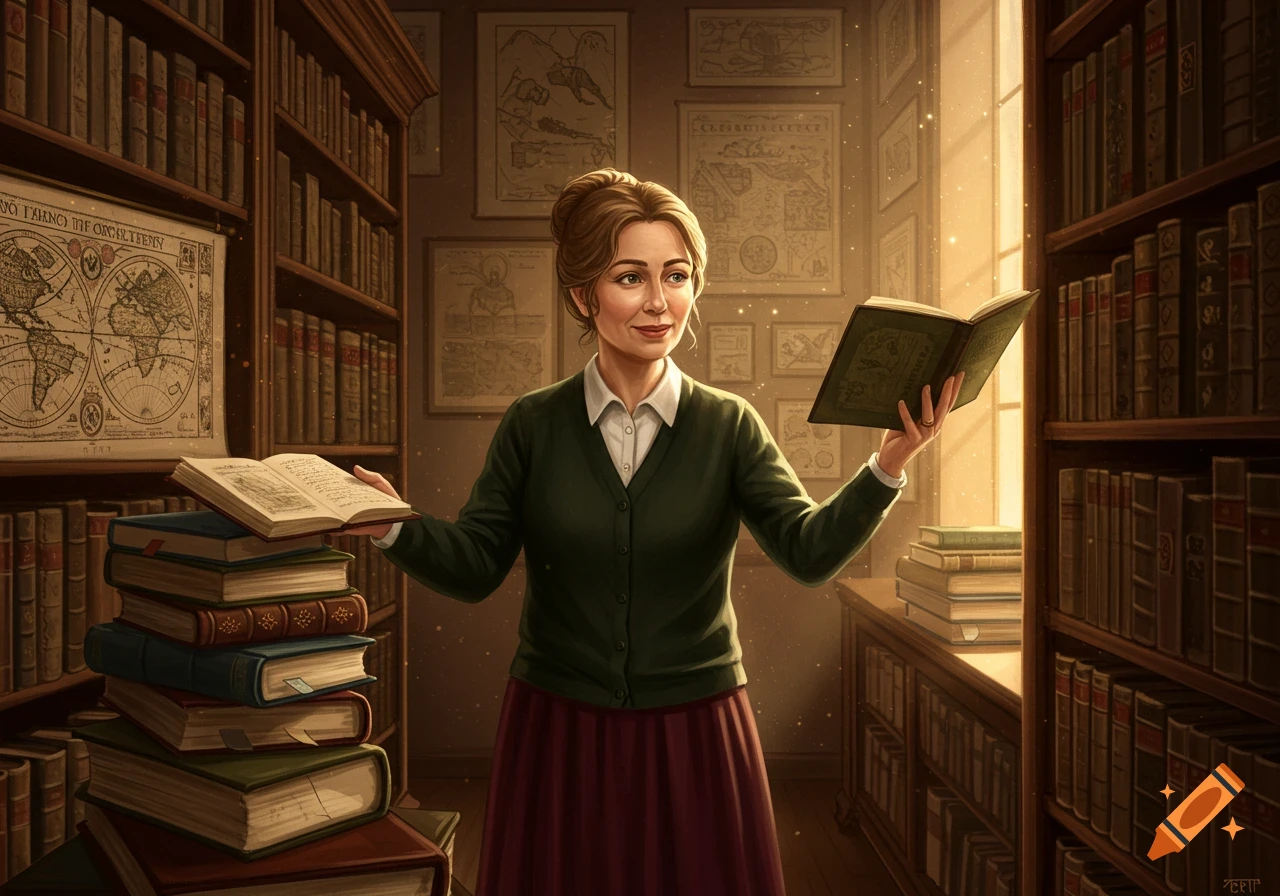 A woman in a green cardigan and maroon skirt stands in a large library, holding two open books. Old maps are on the walls.