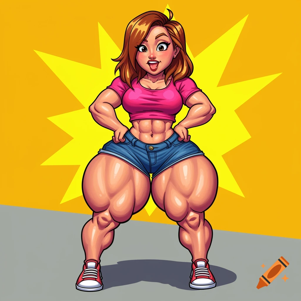 A smiling cartoon woman with large muscular thighs and abs, wearing a pink top and denim shorts, stands against a yellow starburst background.