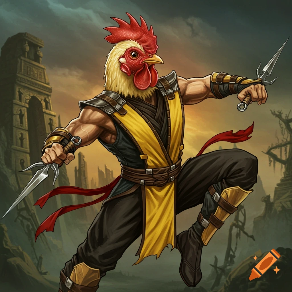 A humanoid figure with a chicken head, dressed as Mortal Kombat's Scorpion, in a combat pose holding daggers against a backdrop of ruins.
