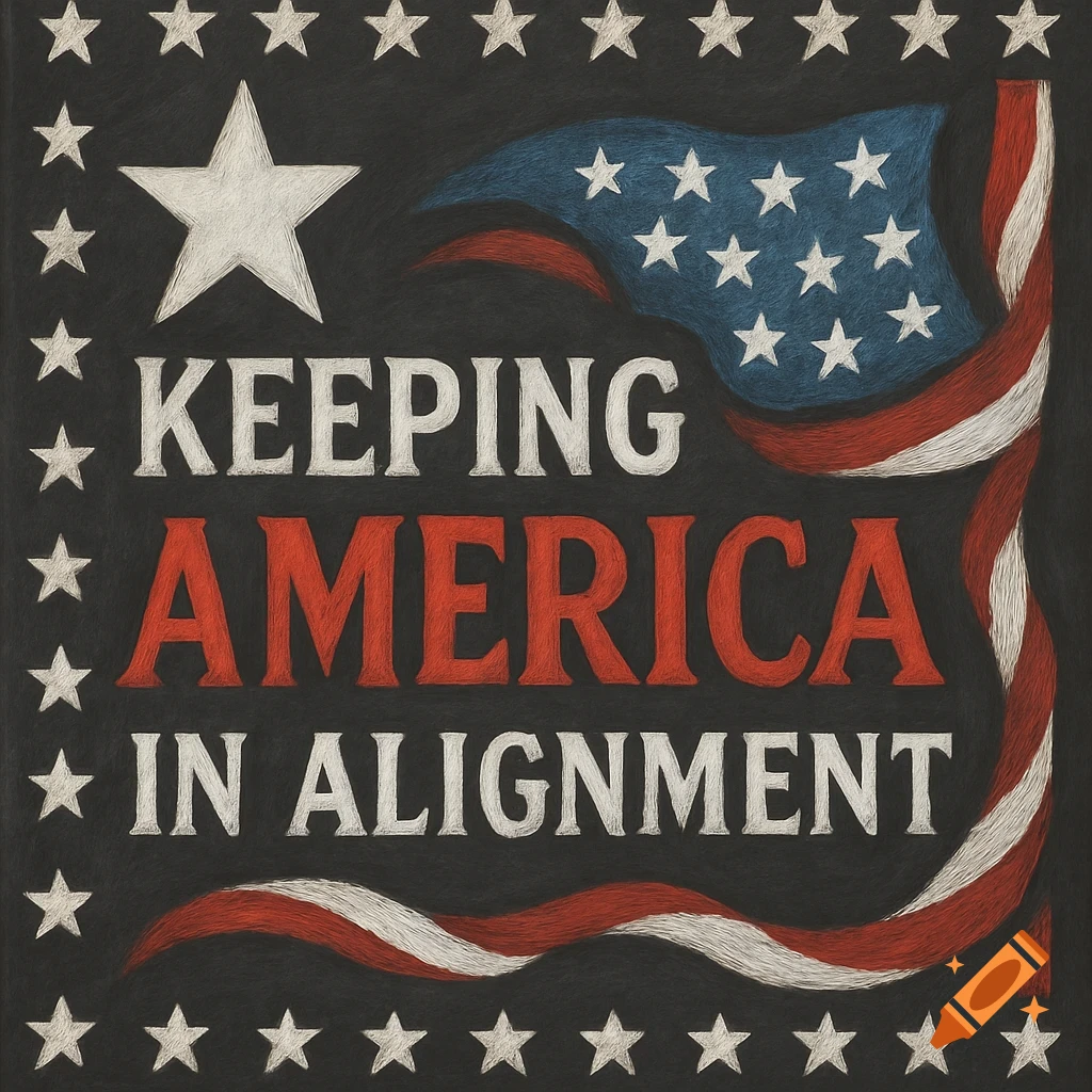 Chalkboard art featuring a large white star, an American flag, and the text 'KEEPING AMERICA IN ALIGNMENT' surrounded by small white stars.