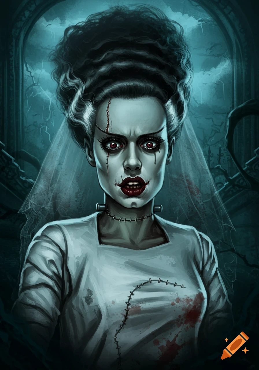 A stylized portrait illustration of the Bride of Frankenstein with stitches, pale skin, and an angry expression, set in a dark, eerie background.