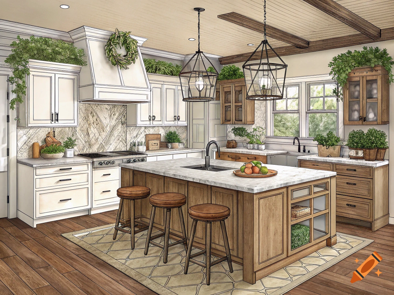 An illustrated farmhouse-style kitchen with a large island, white cabinets, wooden ceiling beams, and many green plants.