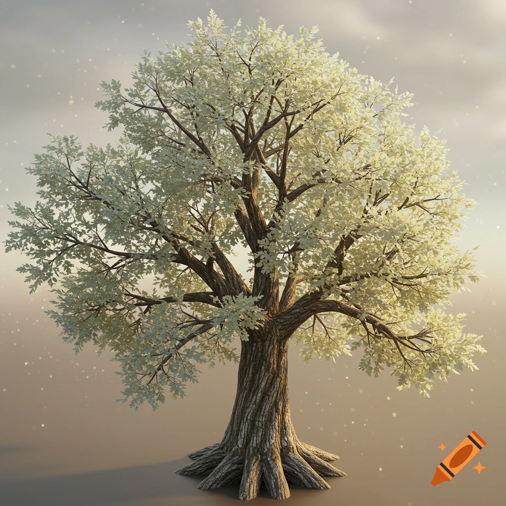 A detailed 3D render of an oak tree with light, white-yellow leaves and intricate bark, set against a soft, ethereal background.