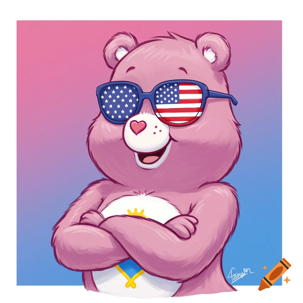A pink Care Bear with its arms crossed wears sunglasses with the American flag design.