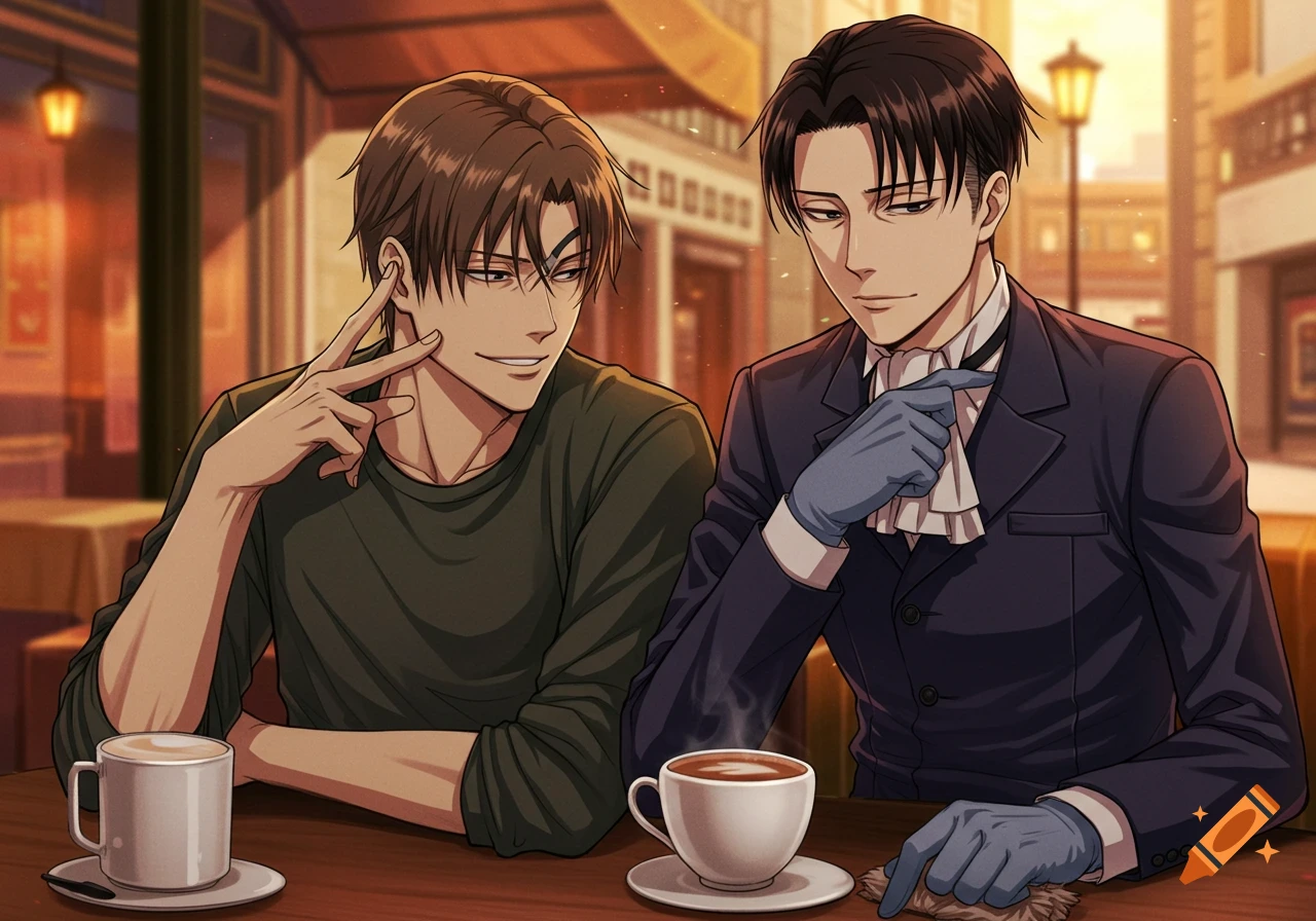 Two anime men, one in a green shirt and one in a suit, sitting at a cafe table with coffee cups.
