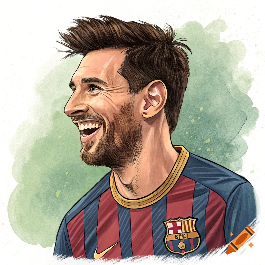 A vibrant caricature of Lionel Messi smiling, wearing a blue and red striped soccer jersey, against a green watercolor background.