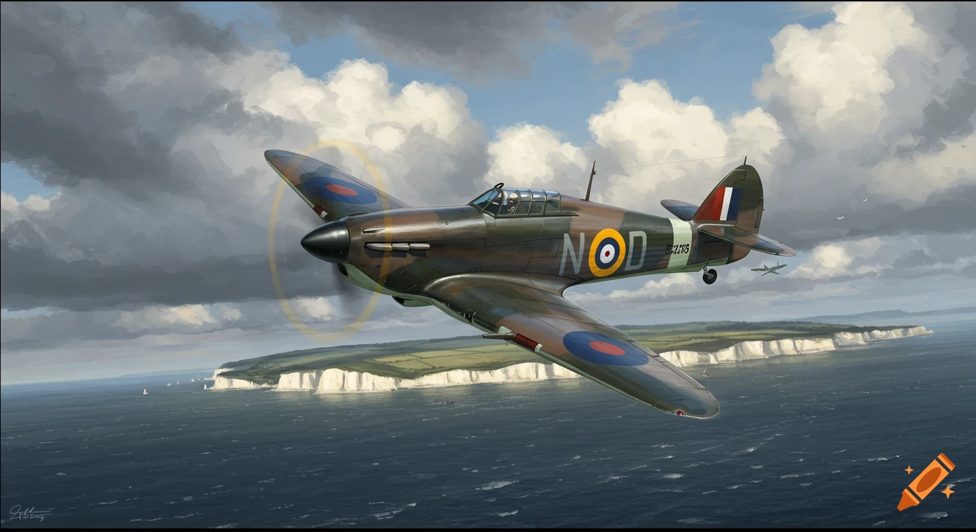 A realistic digital painting of a Hawker Hurricane airplane flying over the English Channel with white cliffs and cloudy skies.