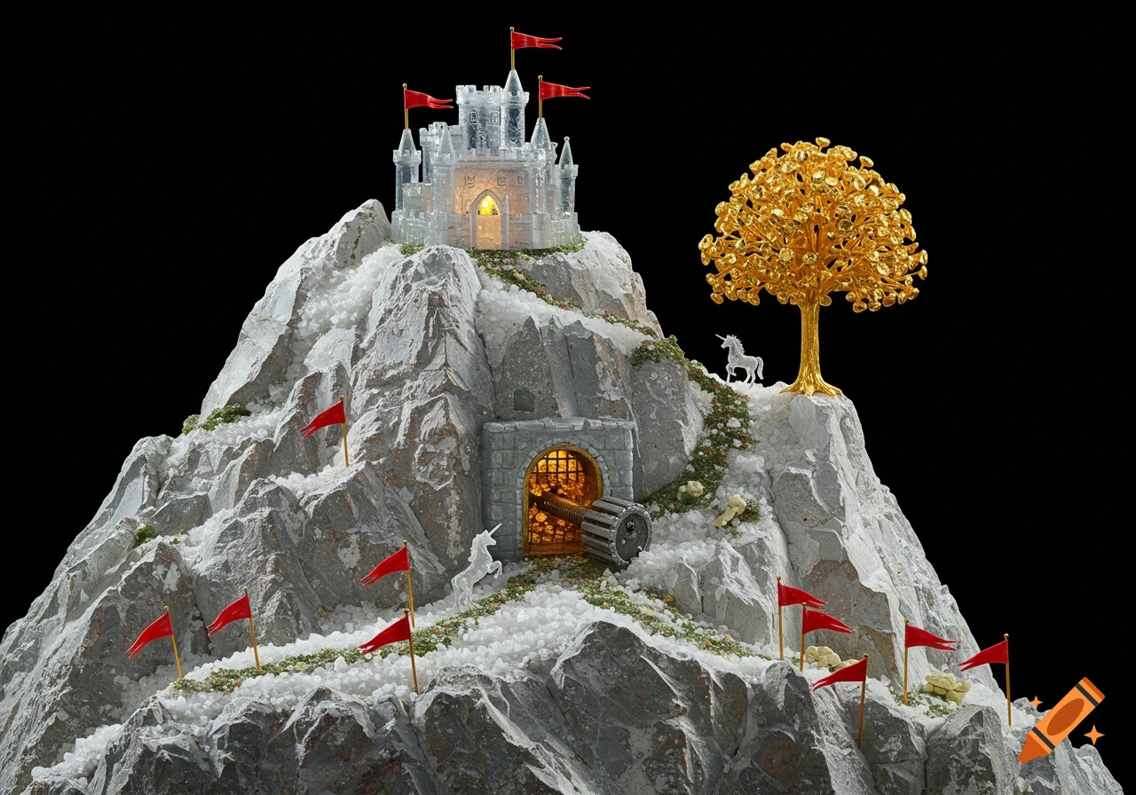 A detailed miniature model of a glass crystal castle on a rocky mountain, flanked by a golden tree and unicorns, with red flags.