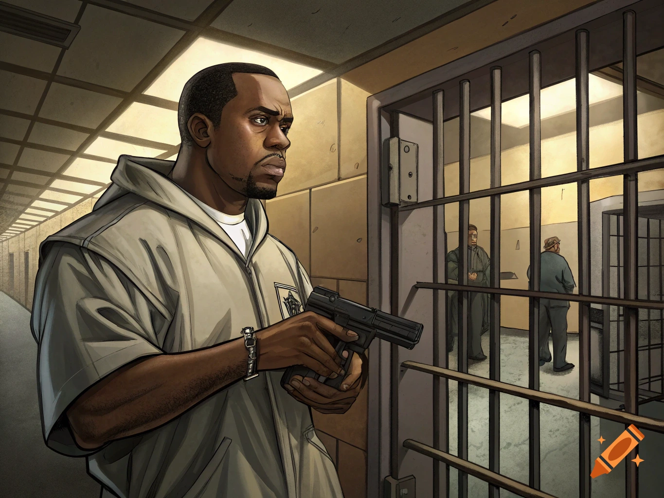 An illustrated man in a hoodie holding a handgun in a prison hallway with other inmates in cells.